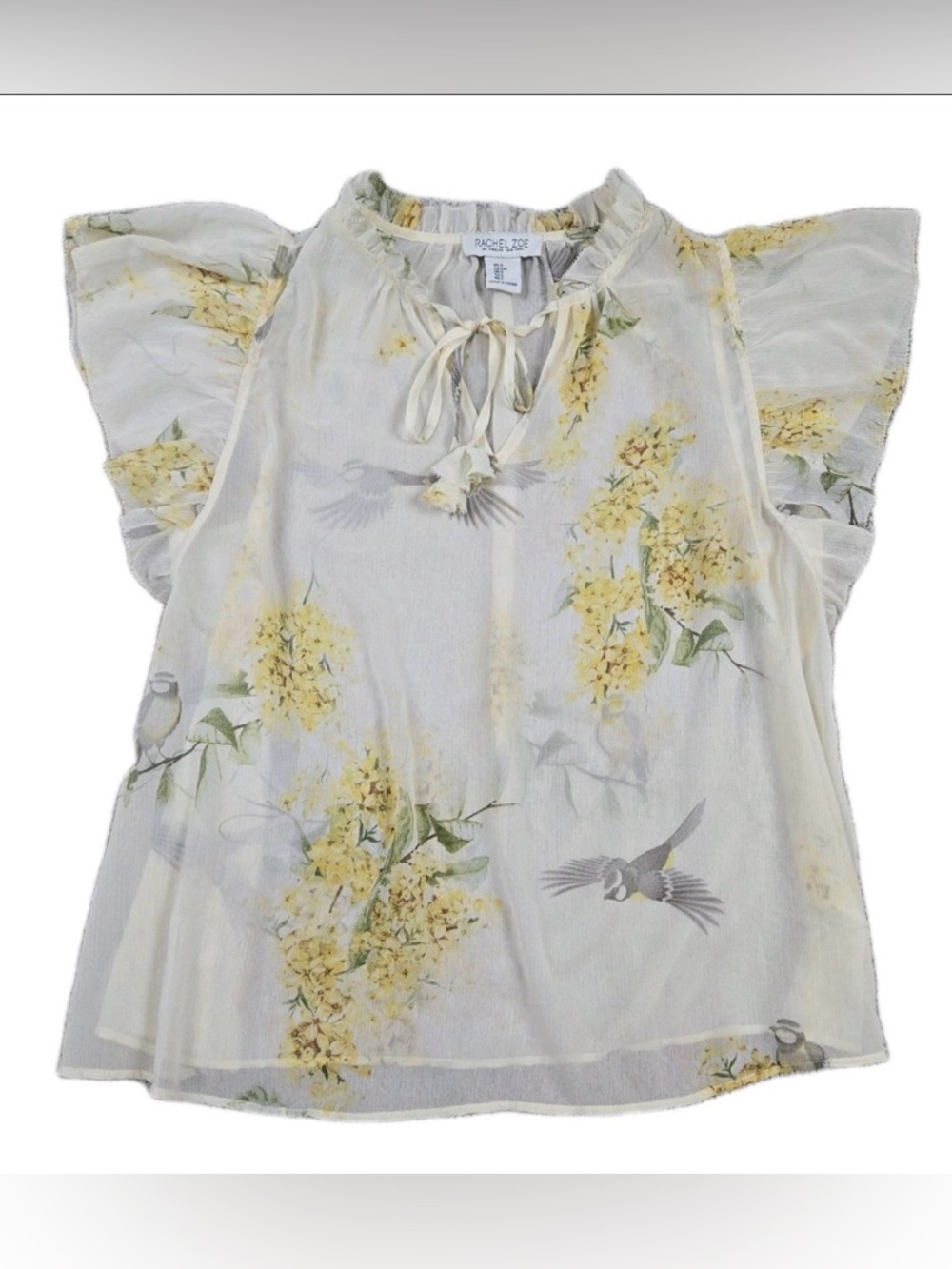 Rachel Zoe Cream and Yellow Floral Tie-Neck Flutter Sleeve Blouse large